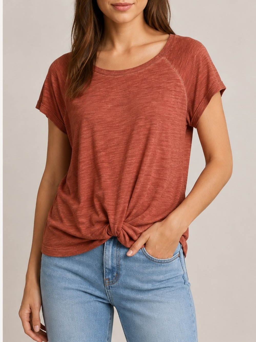 Sanctuary Terracotta Twist Front Slub Knit Tee – Size Medium